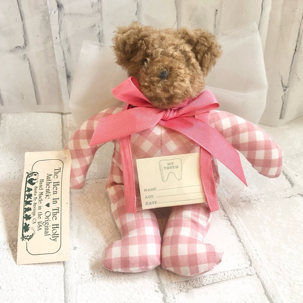 Handmade Tooth fairy bear pink and white gingham with tooth pocket and bow